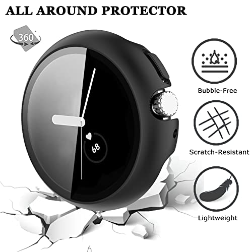 [2 Pack] Ninki Compatible Google Pixel Watch Screen Protector Case Men Black,Solid Shockproof Full Bumper Built In Tempered Glass Cover For Google Pixel Watch Protective Case,Google Pixel Watch Cases #TOP1