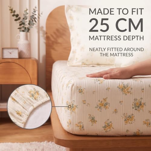 Image of VAS COLLECTIONS 240 TC Premium Fitted Bedsheet, Floral Printed King Size Elastic Deep Pocket Mattress Cover, Soft Breathable Bed Sheet for Bedroom, 72 x 78 + 10 Inches (183 x 198 + 25 cm) - Mustard