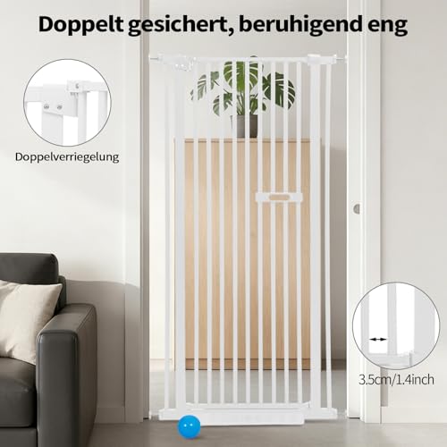 Katzengitter Tür, Schutztor Ausziehbar Haustiere Katzentiertor 150cm Haustiergitter Extra Hoch mit Doppelverriegelung Katzentür&3.5cm Stababstand Ohne Bohren für Haustier Kleinen (weiß)
