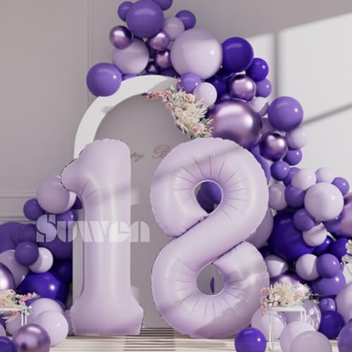 Image of SUWEN 40 Inch Light Purple Large 18 Balloon Number Big Foil Helium Lavender Number Balloons Huge Mylar 0-9 Giant Jumbo Happy 18th Birthday Party Anniversary Decorations