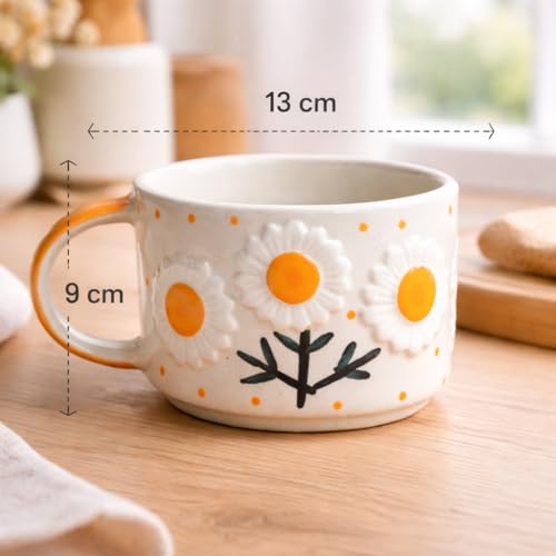 Image of Handcrafted Ceramic Floral Coffee Mug | Daisy Flower Design Tea & Coffee Cup for Home, Office & Gifting | Microwave Safe Mug (Set of 1)
