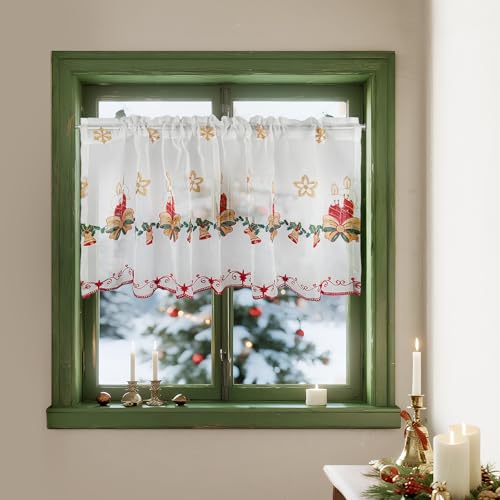 HiSnug Visillo de gasa con diseño navideño, color blanco, cortina corta, cortinas de cocina, cortinas de café, cortinas de taberna, cortinas transparentes, 180 x 60 cm, 1 unidad