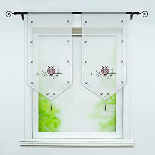 Joyswahl EDA 1 Pièce Rideau Brise-Bise Transparent Gris LxH 40x90cm Broderie de Hibou Frange à Pompon Passe Tringle Décoration de Cuisine Chambre Salon Court Voilage