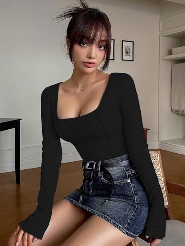 Image of Sugathari Women's Black Solid Long Sleeve Wrap-Style Square Split Crew Neck Bodycon Women T-Shirt Spring and Summer Top, Minimalist and Fashionable for Everyday Casual Wear Tops (T-Shirt 181)