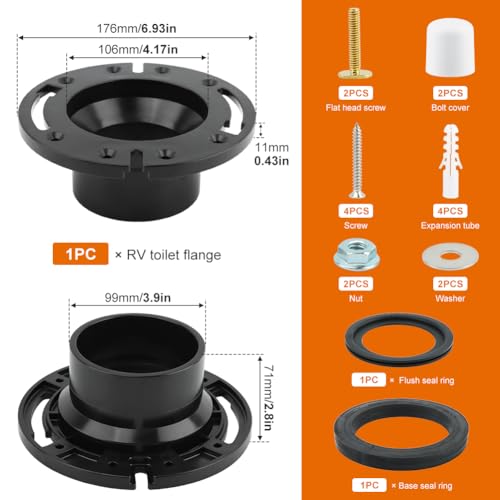 Image of EMVANV RV Toilet Seal and 3 Inch Socket RV Toilet Flange Kit, Designed for RV 300 /310 /320 Toilets, Replaces 385345892 Flange and 385311658 Flush Seal and 385311652 Base Seal(Black)