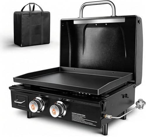 GFTIME Barbecue de table à gaz Griddle 2 brûleurs avec capot - Plancha à gaz avec dessus plat - Griddle - Barbecue au propane avec sac de transport - 22