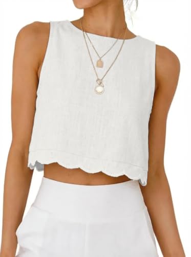 IDEALSANXUN Linen Shirts for Women 2026 Spring Summer Crop Cute Sleeveless Scalloped Cotton Gauze Tank Tops, White, S