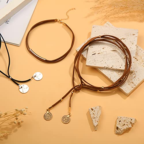 Ecally 6 Pcs Boho Choker Necklace Long Layered Western Cowgirl Necklace for Women Black Brown Suede Choker Jewelry with Tassels Birthday Gift4