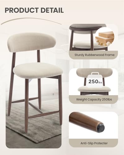 Image of Bar Stools Set of 2, 25.6″ Counter Height Bar Stools with Wood Legs, Upholstered Modern Kitchen Barstools for Kitchen Island Dining Room Bar, Beige