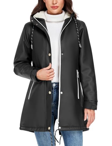 Vancavoo Wintermantel Damen Winterjacke Warm Gefüttert Wasserdicht Atmungsaktiv Regenmantel Übergangsjacke Winter Windbreaker Jacke Mantel Outdoorjacke mit Kapuze,Schwarz,M