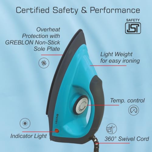 Image of BALTRA Shine 1000W Dry Iron | Press Iron for Clothes, Shock Proof Body 360 Swivel Cord, Non-Stick Soleplate, Adjustable Temperature Control, Lightweight & Durable Iron for Effortless Clothes Pressing