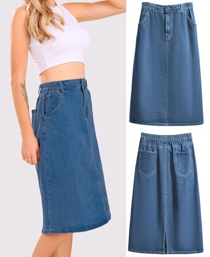 loveimgs Women Casual Mid Long Jean Skirt Denim Midi Skirt with Pockets Western Elastic Waist Summer A Line Skirt4