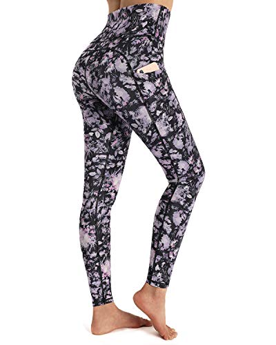 OUGES Womens High Waist Pockets Yoga Pants Running Pants Workout Floral Leggings(Purple Floral,L)