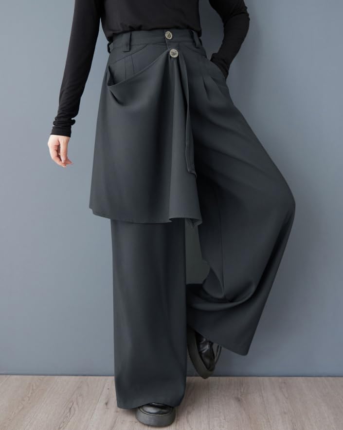 ellazhu Women's Skirt Pants Button Loose Wide Leg Asymmetrical GZ787 A - Image 2