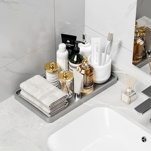 Image of Weenson Bathroom Vanity Tray for Countertop Decor Perfume Makeup Toiletries Toilet Tank, Large Bamboo Kitchen Tray for Spice Salt, Serving Tray for Food Coffee, Nightstand Candle Silver 14.2 inchx8.3 inch
