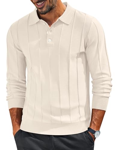 COOFANDY Mens Knit Long Sleeve Polo Sweater Business Casual Collared Golf Sweaters Ribbed Textured Activewear Polos