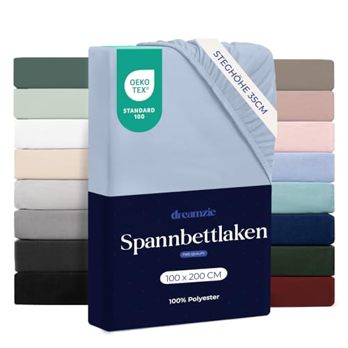 Dreamzie Spannbettlaken 100x200 cm - Hoher Steg bis 35 cm - 100% Mikrofaser - Blau - Schadstoffgeprüft (Oeko TEX) Bettlaken mit Gummizug