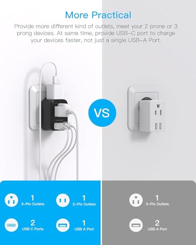 Image of Black European Travel Plug Adapter USB C, International Plug Adapter, US to Europe Adapter Plug 2 Outlets 3 USB Ports(2 C Port), Type C Power Adapter to Iceland Italy France Portugal Spain Germany