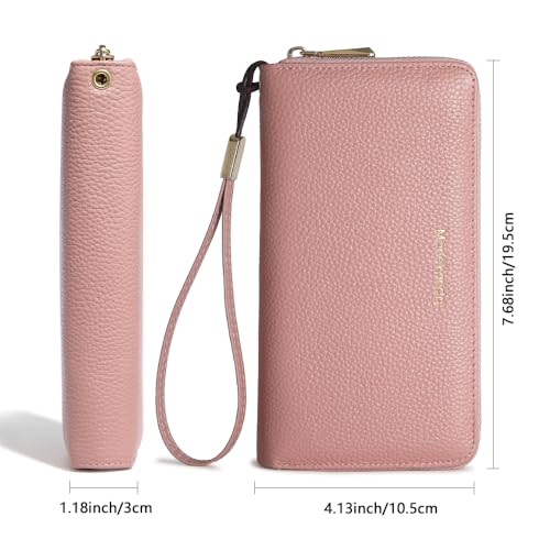 Fashionable long RFID leather women's wallet, large capacity multi slot phone case, zipper closure, detachable wrist strap, hand-held wallet (Pink)3