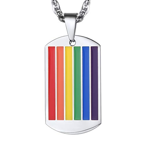 PROSTEEL LGBT Rainbow Necklace for Men, Gold Plated/Black Stainless Steel Bar/Dog Tag Pendant, Lesbian Gay Pride Necklace Jewelry, Come with Box 3. Dog Tag-Silver