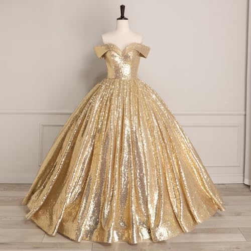 WDBFY Off Shoulder Sequin Quinceanera Dresses Sparkly Beaded Princess Ball Gowns Long Puffy Prom Dresses for Sweet 15 162