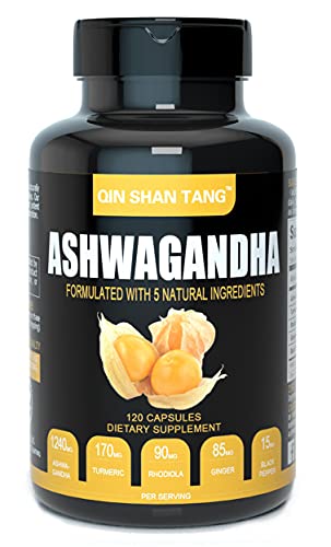 Ashwagandha Capsules 120 Count, with Concentrated Extract (Turmeric Root, Rhodiola Rosea Root, Ginger Root, Black Pepper), Non-GMO, Gluten Free