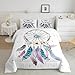 Dream Catcher Comforter Set Queen,Boho Chic Dreamcatcher Feather Bedding Set Watercolor Bohemian Flower Quilt Comforter For Kids Girls Teen Women,Native American Indian Duvet Set 3 Pcs Teal White