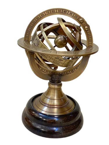 AnNafiZodiac Armillary Brass Sphere Globe Display 8" Wooden Base | Antique Vintage Earth Steampunk Pirate's Antique Ship Decor Showpiece Collectible for Office & Home | Metal Display Piece (Small)