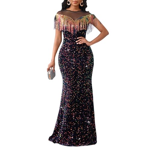 Image of Cololura Sexy Sequin Tassel Mesh Perspective Party Cocktail Bodycon Evening Club Maxi Dress