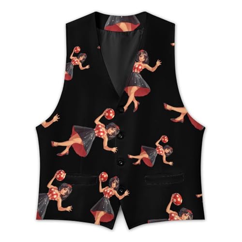 Pin Up Girl Bowling Ball Mens Slim Fit Suit Vest Dress Waistcoat Casual Business Vest3