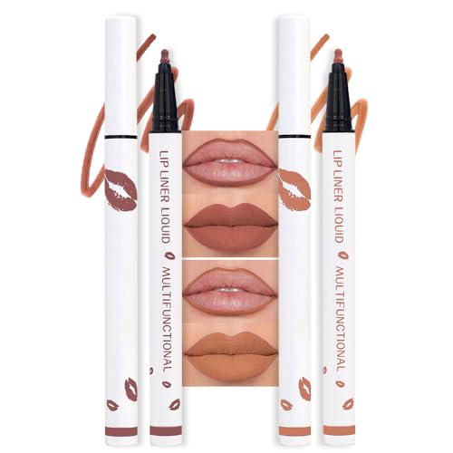 Image of 2Pcs Longwear Liquid Lip Liner Stain Marker Pen Set Long Lasting Waterproof, Mocha Nude Brown Matte Semi Permanent 24 Hour Lip Liner and Lipstick Combo, Color Stay Lipliner All Day Lips Stain peel off