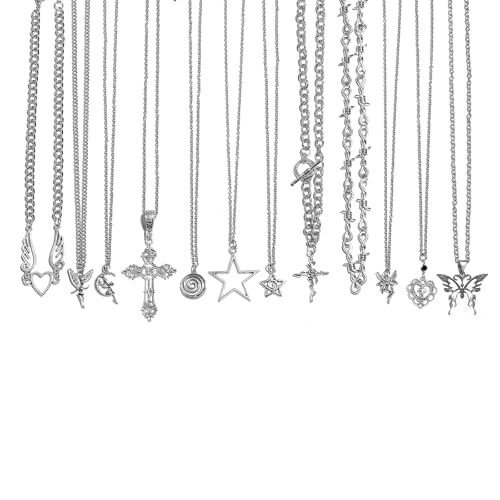 LIRUNQIN 12PCS Y2K Style Necklace Set - Grunge Emo Gothic Accessories Vintage Silvery Jewelry Star Necklace for Kawaii Clothes & Y2K Aesthetic