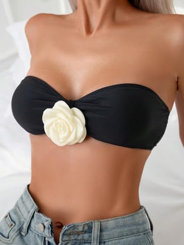 Milumia Women's 2 Pack Bandeau Bikini Top 3D Flower Strapless Bathing Suit Tops Swimwear3