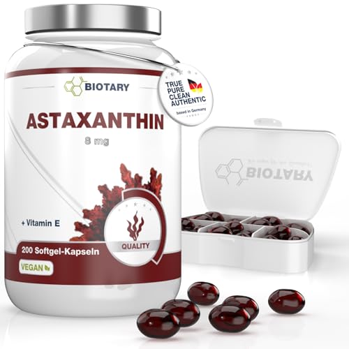 BIOTARY Astaxanthin 8 mg 200 Softgel Kapseln Vegan mit Vitamin E inclusive Pillenbox hohe Bioverfügbarkeit Haematococcus Pluvialis Super-Antioxidans 6-7 Monatsvorrat
