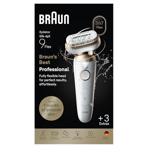 Braun Silk·épil 9 Flex - Depiladora con cabezal flexible de 360° para una depilación fácil, húmeda y seca, piel suave y duradera, con cabezal de afeitado y peine, 9-030 3D, color dorado