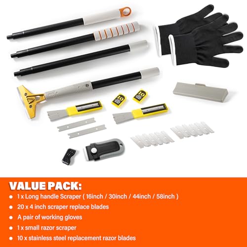 Image of Gomake 4 inch Wide Razor Blade Scraper Tool with Adjustable 16''-58 inch(1.3ft -4.8ft) Long Handle, 20PCS Extra Metal Blades, Cleaning Glass Wall Scraper, Painting stripping tools, Tile, Floors, Walls