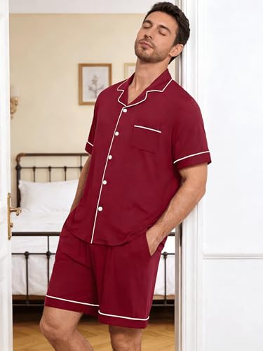 Image of Mens 2 Piece Short Sleeve Button Down Pajama Set, S-3XL | Soft Modal Fabric, Cool Lightweight Sleepwear & Loungewear with Pockets, Home Relaxing