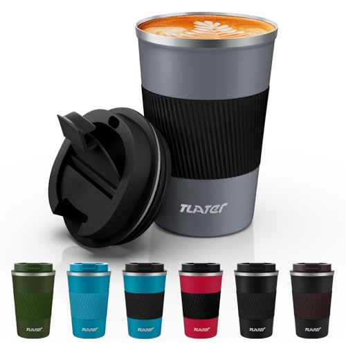 Tlater Kaffeebecher to Go, 13oz/380ml Thermobecher Kaffee to Go mit Deckel - Coffee to Go Becher - Doppelwandiger Vakuum-Edelstahl Kaffeebecher Thermo für Heiß- und Kaltgetränke, Kaffeewasser und Tee