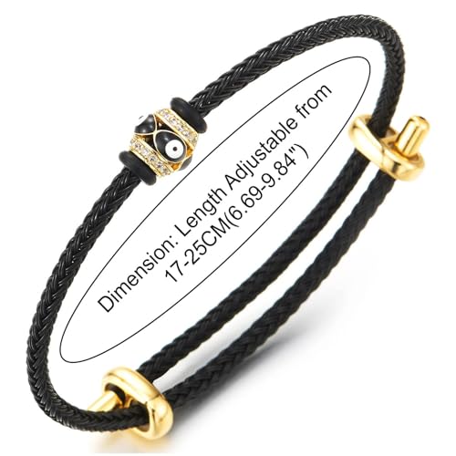 COOLSTEELANDBEYOND Steel Black Rope Bracelet with Gold Color CZ Eye Charm Adjustable Spiritual Jewelry3