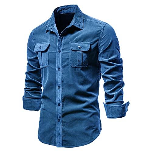 Mens Corduroy Shirts Vintage Solid Long Sleeve Button down Turndown Casual Shirts Lightweight Jacket with Flap Pocket