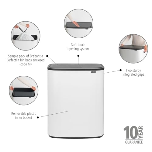 Brabantia Bo Touch Top Trash Can - 1 x 16 Gal Bucket (White) Soft Open/Close Kitchen Garbage & Recycling Can with Removable Compartment - Image 3
