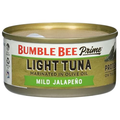 Image of Bumble Bee Prime Protein On the Run Mild Jalapeno Tuna Kit (Pack of 12) | Ready to Eat Easy-Open Canned Gourmet Tuna Marinated in Olive Oil with Crackers & Utensil, 19g Protein per Box