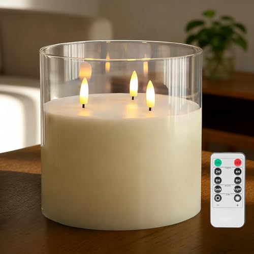 JOIONE Extra Large 3 Wick Flameless Candle 6x6 Transparent with Remote