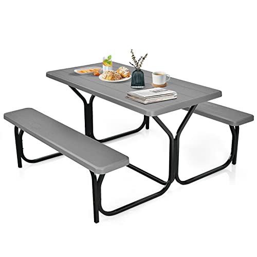 HAPPYGRILL Outdoor Picnic Table Bench Set with Metal Frame All Weather Resistant Surface Camping Table Set for Patio Backyard Poolside Garden Dining Party
