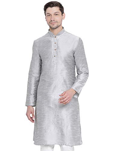 Image of VASTRAMAY Men's Grey Silk Blend Kurta - Comfortable Fit, Mandarin Collar, Full Sleeve - Perfect for Festive, Party