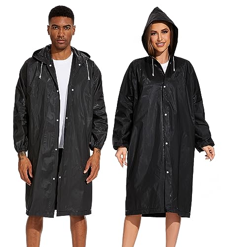 2-Pack Reusable Rain Ponchos for Adults - Hooded Raincoats for Women/Men with Drawstring (Black)