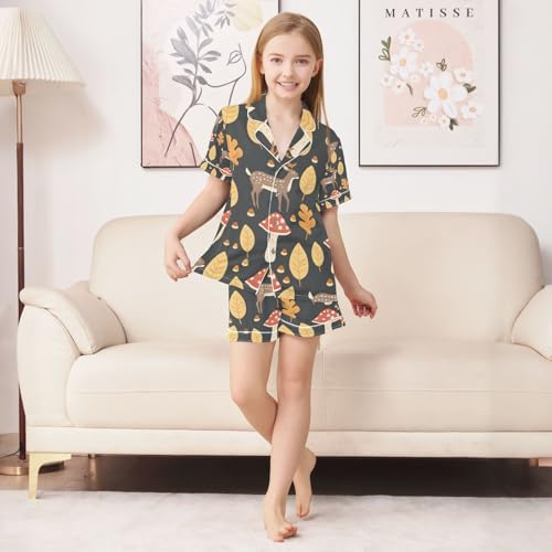 senya Deer and Mushroom Satin Summer Pajama Sets Silk Short Sleeve Button Down Sleepwear4