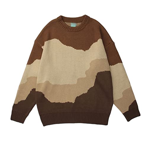 (Wool) Sweater Japanese Style Sweater Mens, Winter Long Sleeve Crewneck Couple Loose Pullover Top Knitwear Sweater(Brown,L)