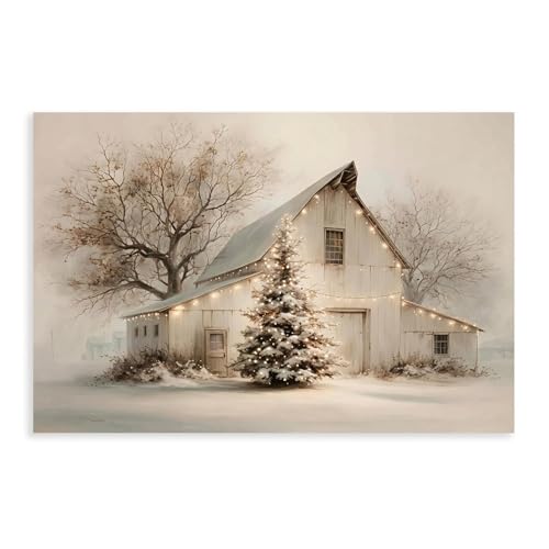 Christmas-Decorated Barn Winter Scene Vintage Abstract Canvas Wall Art -