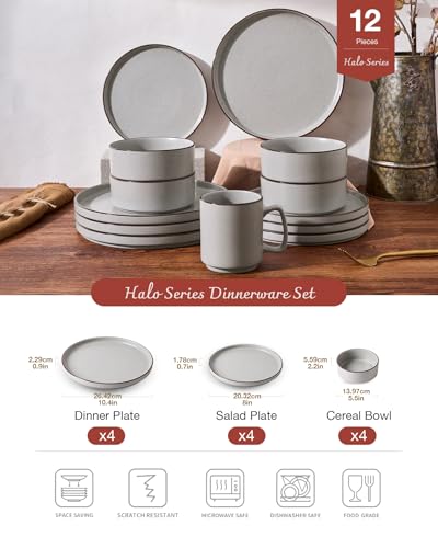 Halo Plates and Bowls Set, 12 Pieces Dinner Set for 4, Stoneware Dinnerware Sets with Dinner Plates/Salad Plate/Cereal Bowls, Dishwasher & Microwave Safe, Light Gray - Image 4